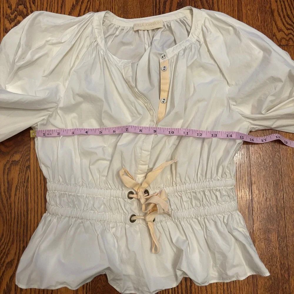 Ulla Johnson Pre-Fall 2022 White Cotton Puff Sleeve Smocked Peplum Blouse 4